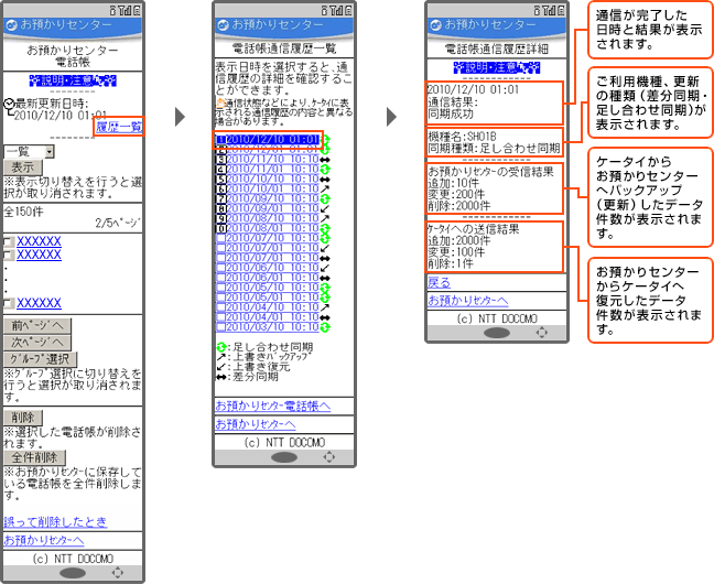 お預かりセンターとの通信履歴を確認する(電話帳通信履歴表示)の画像
